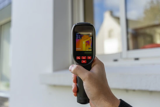 Gros plan détaillé d'une isolation intérieure d'un mur de maison en rénovation, montrant des panneaux isolants rigides (laine minérale ou polystyrène) fixés contre la paroi intérieure, avec membrane pare-vapeur posée, cadre de bois ou rails métalliques de fixation visibles. Mise en avant de l'épaisseur de l'isolant et de sa texture. Vue professionnelle en lumière naturelle, montrant la qualité d'installation et la différence thermique apportée par le matériau isolant. Alternative visuellement distincte du détail de toiture déjà utilisé.